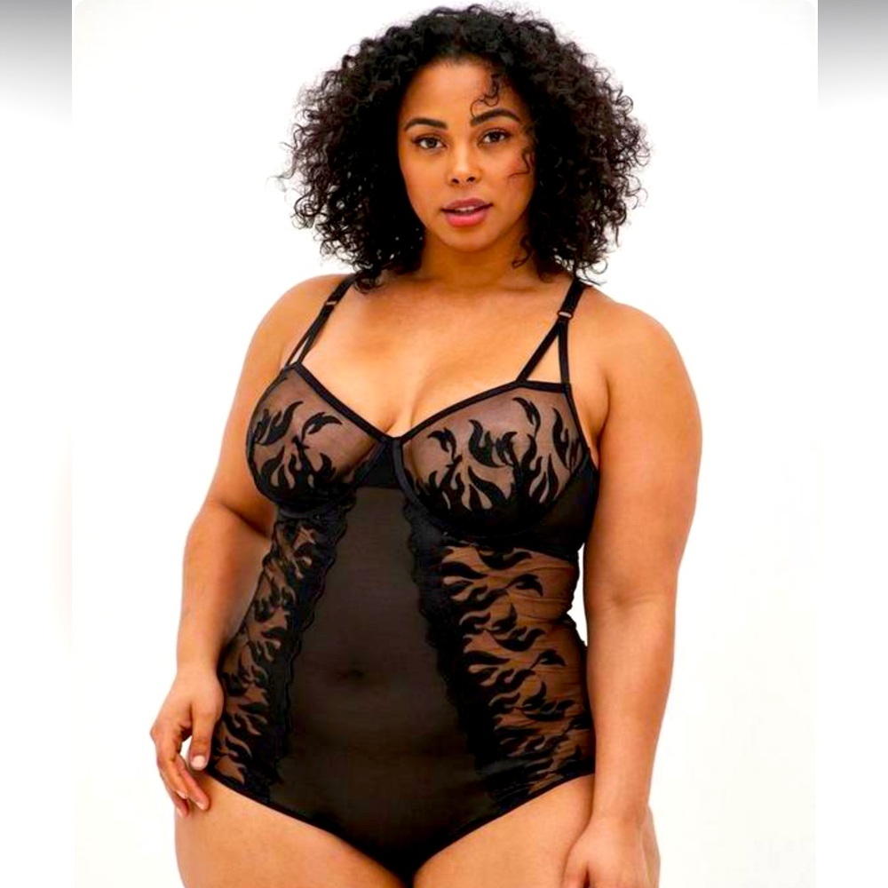 Torrid Unlined Underwire Bodysuit - Embroidered Flames Black